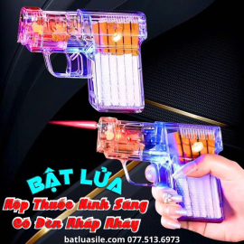 BẬT LỬA KHÒ HỘP THUỐC HÌNH SÚNG 2IN1 TRONG SUỐT CÓ ĐÈN NHẤP NHÁY ĐỰNG ĐƯỢC 10 ĐIẾU THUỐC - FULL BOX - XÀI GAS