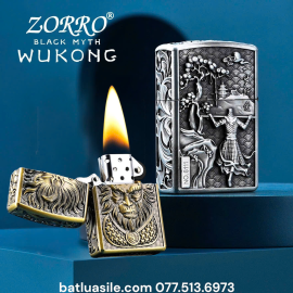 BẬT LỬA ZORRO HÌNH NGỘ KHÔNG WUKONG KHẮC NỔI 6 MẶT FULL BOX - XÀI XĂNG - ( BẠC )