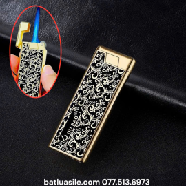 BẬT LỬA KHÒ GAS ĐÁ RÃNH TAY OU BAO HOA VĂN VÀNG SIÊU MỎNG FULL BOX – XÀI GAS
