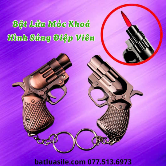 BẬT LỬA KHÒ MÓC KHOÁ HÌNH SÚNG ĐIỆP VIÊN SIZE 7.2CM KIM LOẠI - XÀI GAS