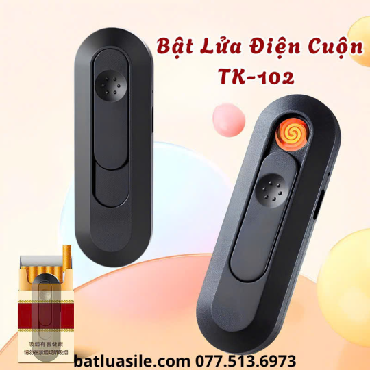 BẬT LỬA ĐIỆN CUỘN ĐEN TRƠN TK-102 FULL BOX - SẠC PIN