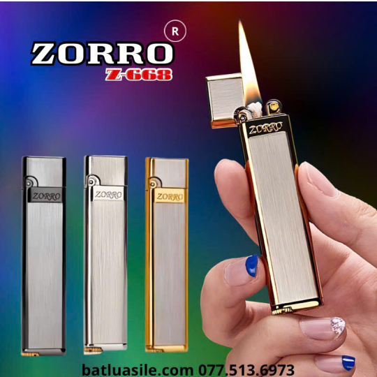 BẬT LỬA XĂNG ĐÁ ZORRO SIÊU MỎNG Z-668 KIM LOẠI - FULL BOX - XÀI XĂNG