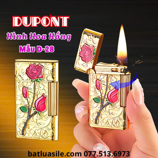 BẬT LỬA XĂNG ĐÁ DUPONT HÌNH HOA HỒNG DẬP NỔI MẪU D-28 - XÀI XĂNG