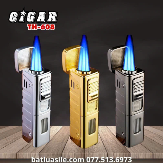 BẬT LỬA KHÒ 3 TIA CIGAR GAS LỘ THIÊN TH-608 KIM LOẠI FULL BOX - XÀI GAS