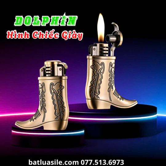 BẬT LỬA XĂNG ĐÁ DOLPHIN HÌNH CHIẾC GIÀY KIM LOẠI FULL BOX - XÀI XĂNG