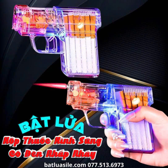 BẬT LỬA KHÒ HỘP THUỐC HÌNH SÚNG 2IN1 TRONG SUỐT CÓ ĐÈN NHẤP NHÁY ĐỰNG ĐƯỢC 10 ĐIẾU THUỐC - FULL BOX - XÀI GAS