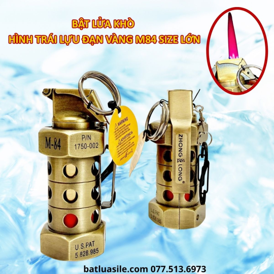 BẬT LỬA KHÒ MÓC KHOÁ HÌNH TRÁI LỰU ĐẠN VÀNG M-84 SIZE LỚN KIM LOẠI - XÀI GAS
