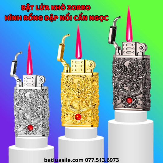 BẬT LỬA KHÒ ZORRO HÌNH RỒNG DẬP NỔI CẨN NGỌC KIM LOẠI - XÀI GAS