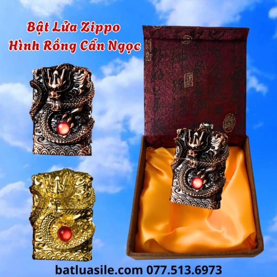 BẬT LỬA ZIPPO HÌNH RỒNG CẨN NGỌC KIM LOẠI - XÀI XĂNG ( FULL BOX )