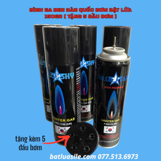 BÌNH GA ĐEN HÀN QUỐC BƠM BẬT LỬA 150GR ( KÈM 5 ĐẦU BƠM )