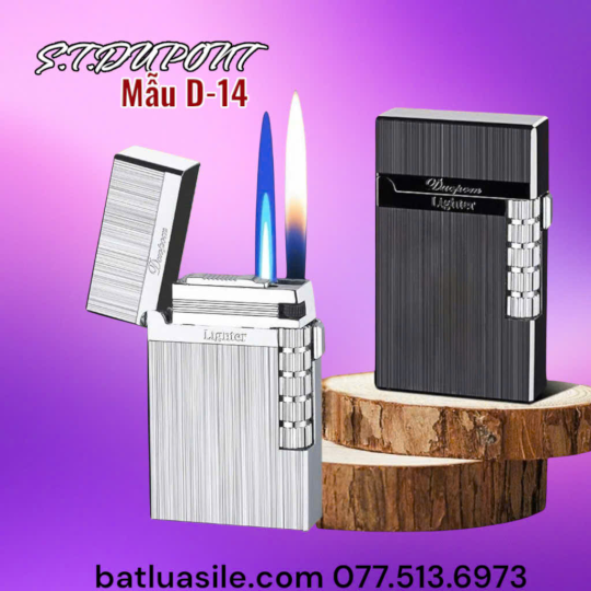 BẬT LỬA GAS ĐÁ 2 CHẾ ĐỘ LỬA DUPONT HÌNH VÂN XƯỚC MẪU D-14 FULL BOX - XÀI GA