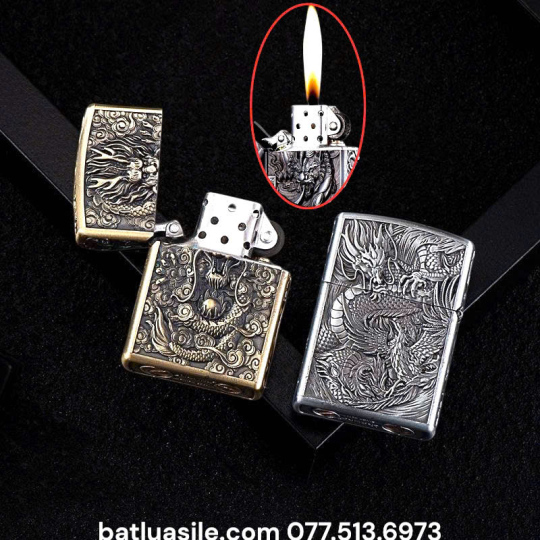 BẬT LỬA ZIPPO HÌNH RỒNG KHẮC NỔI 6 MẶT KIM LOẠI - FULL BOX - XÀI XĂNG