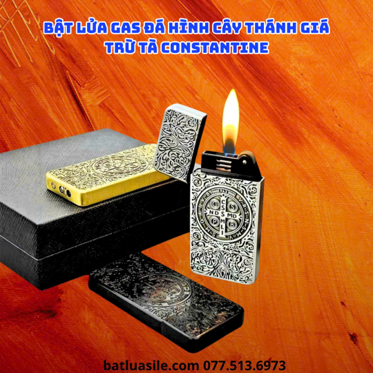 BẬT LỬA GAS ĐÁ HÌNH CÂY THÁNH GIÁ TRỪ TÀ CONSTANTINE KIM LOẠI - XÀI GAS