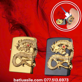 BẬT LỬA ZIPPO KHÒ RỒNG NỔI CẨN NGỌC XÀI GA - (#ĐEN, #VÀNG )