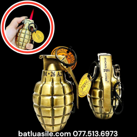BẬT LỬA KHÒ MÓC KHÓA HÌNH LỰU ĐẠN M26 SIZE 9CM - XÀI GA